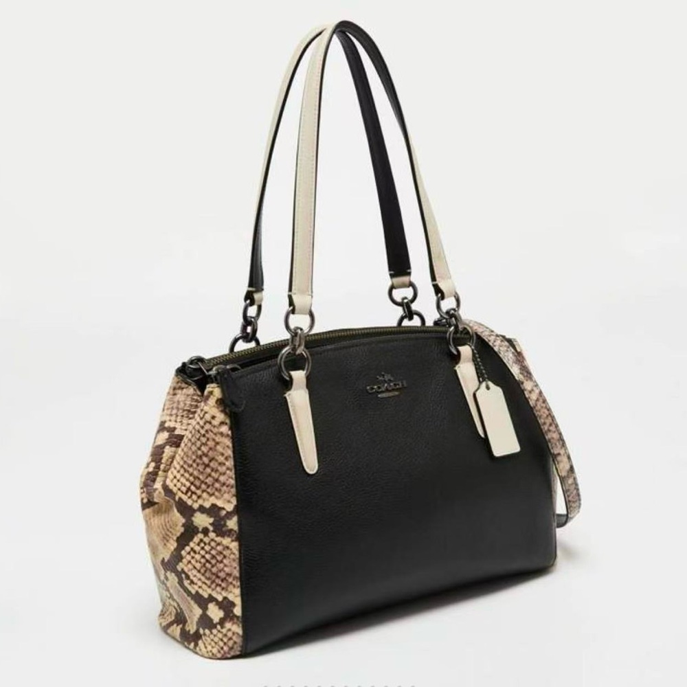 Coach Christie Carryall Black Beige Leather‎ Snake Embossed Satchel Bag - Picture 2 of 14